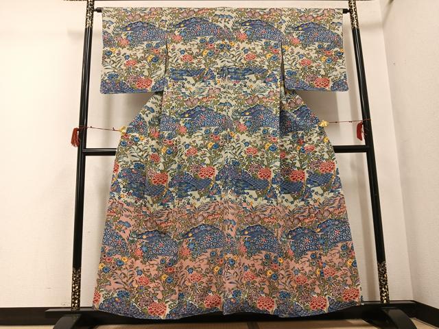 平和屋着物●訪問着　型染め　草花籬文　正絹　逸品　未使用　AABG8486ph