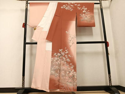 平和屋着物●訪問着　友禅　群れ鶴草花文　暈し染め　金銀彩　正絹　逸品　AABG8494ph
