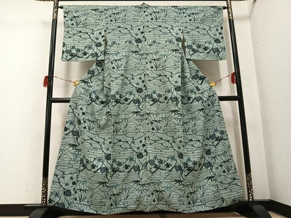 平和屋着物●上質な小紋　紬地　型染め　草花文　正絹　逸品　AABG8495ph