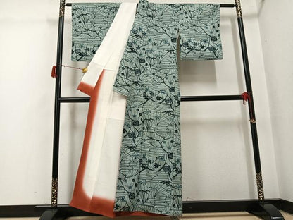 平和屋着物●上質な小紋　紬地　型染め　草花文　正絹　逸品　AABG8495ph