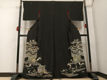 平和屋着物●アンティーク　大正ロマン　黒留袖　御所車花鳥文　正絹　逸品　AABG8504ph