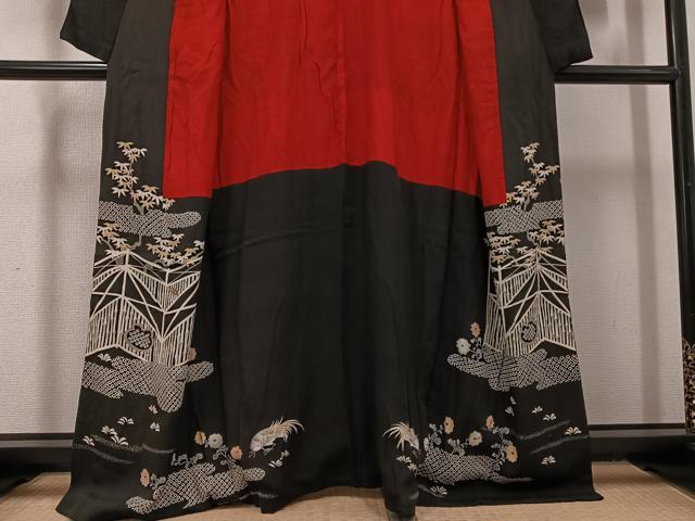 平和屋着物●アンティーク　大正ロマン　黒留袖　御所車花鳥文　正絹　逸品　AABG8504ph