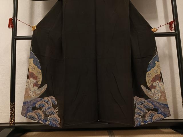 平和屋着物●アンティーク　大正ロマン　黒留袖　浜松船文　正絹　逸品　AABG8511ph