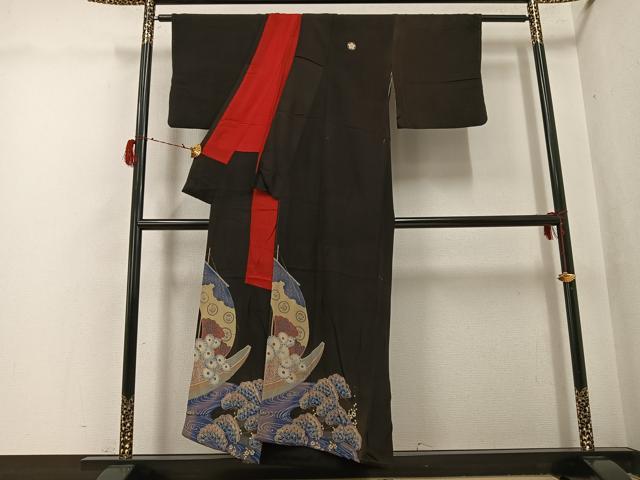 平和屋着物●アンティーク　大正ロマン　黒留袖　浜松船文　正絹　逸品　AABG8511ph