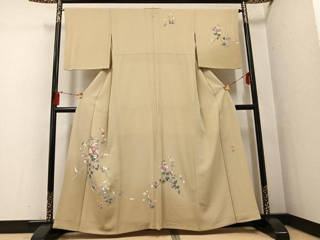平和屋着物●京加賀友禅　百貫達雄　訪問着　枝花文　暈し染め　銀座おゝぎ屋扱い　正絹　逸品　AABG8517ph
