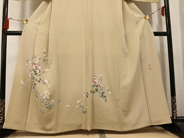 平和屋着物●京加賀友禅　百貫達雄　訪問着　枝花文　暈し染め　銀座おゝぎ屋扱い　正絹　逸品　AABG8517ph