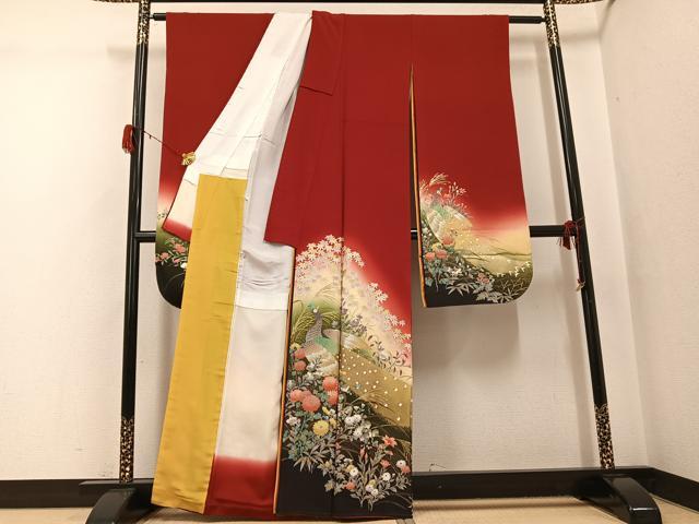 平和屋着物●豪華振袖・長襦袢(無双仕立て)セット　幾久重袖　孔雀花文　暈し染め　金銀彩　半衿刺繍　正絹　逸品　AABG8526ph