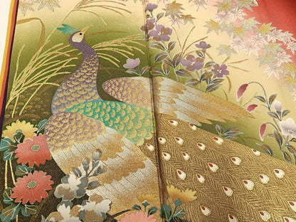 平和屋着物●豪華振袖・長襦袢(無双仕立て)セット　幾久重袖　孔雀花文　暈し染め　金銀彩　半衿刺繍　正絹　逸品　AABG8526ph