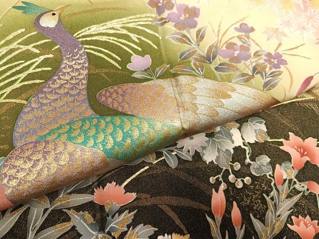 平和屋着物●豪華振袖・長襦袢(無双仕立て)セット　幾久重袖　孔雀花文　暈し染め　金銀彩　半衿刺繍　正絹　逸品　AABG8526ph