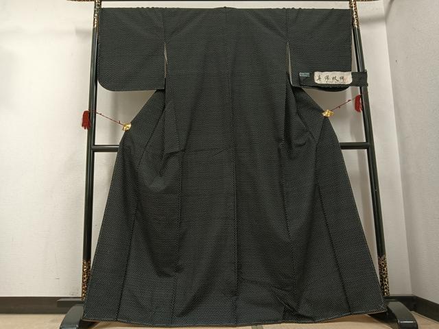 平和屋着物●上質な紬　真綿蚊絣　黒地　反端付き　正絹　逸品　未使用　AABG8531ph