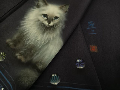 平和屋着物●訪問着　作家物　隆二　手描き　猫　ビー玉　サイコロ　暈し染め　正絹　逸品　AABG8543ph