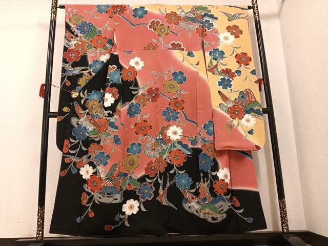 平和屋着物●豪華振袖　紅型　花鳥文　暈し染め　正絹　逸品　AABG8545ph