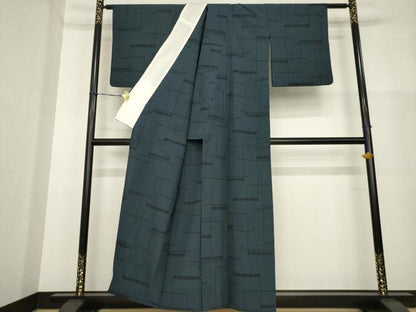 平和屋着物▽本塩沢　単衣　110亀甲　幾何学文様　正絹　逸品　AABG8564ck