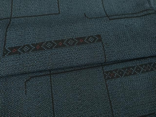 平和屋着物▽本塩沢　単衣　110亀甲　幾何学文様　正絹　逸品　AABG8564ck