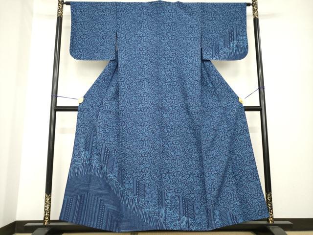 平和屋着物▽訪問着 単衣 藍 型染め 花唐草文 正絹 逸品 AABG8570ck