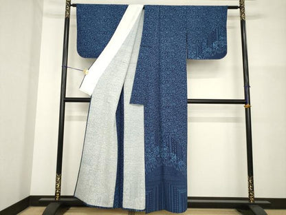 平和屋着物▽訪問着 単衣 藍 型染め 花唐草文 正絹 逸品 AABG8570ck