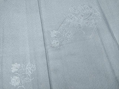 平和屋着物▽無地絵羽訪問着 単衣 中国三大刺繍 スワトウ刺繍 汕頭刺繍 冊子花鳥文 薄鼠色 正絹 逸品 AABG8571ck