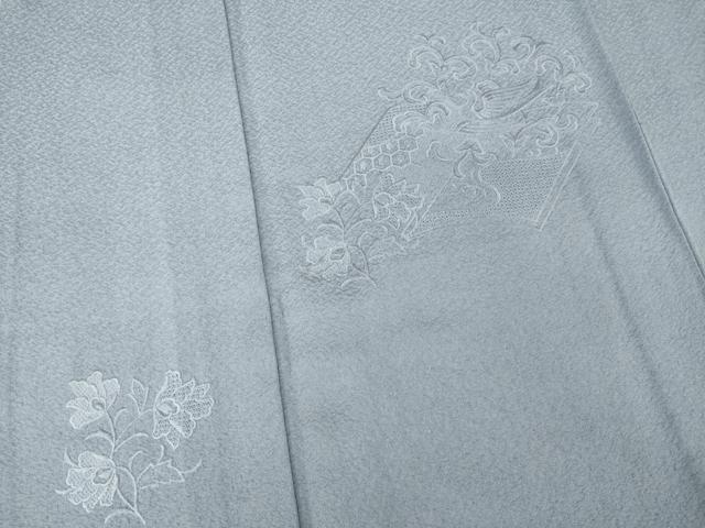 平和屋着物▽無地絵羽訪問着 単衣 中国三大刺繍 スワトウ刺繍 汕頭刺繍 冊子花鳥文 薄鼠色 正絹 逸品 AABG8571ck