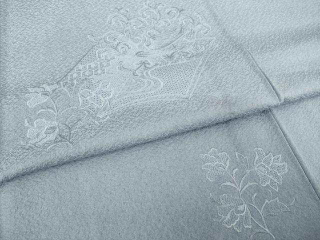 平和屋着物▽無地絵羽訪問着 単衣 中国三大刺繍 スワトウ刺繍 汕頭刺繍 冊子花鳥文 薄鼠色 正絹 逸品 AABG8571ck