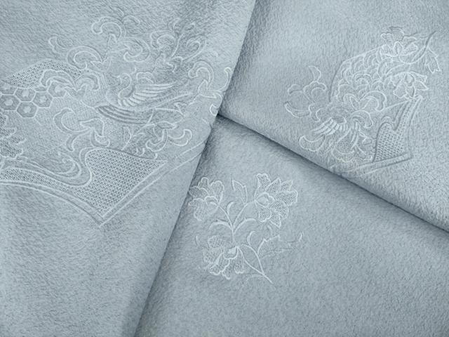 平和屋着物▽無地絵羽訪問着 単衣 中国三大刺繍 スワトウ刺繍 汕頭刺繍 冊子花鳥文 薄鼠色 正絹 逸品 AABG8571ck