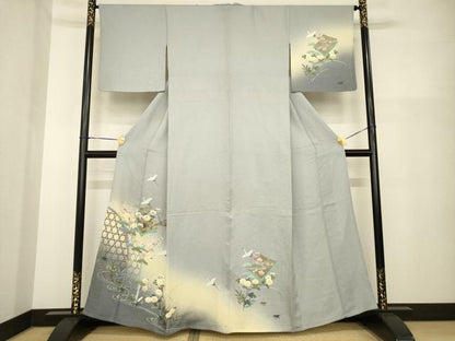 平和屋着物▽訪問着 単衣 飛鶴花籬文 暈し染め 金彩 正絹 逸品 AABG8575ck
