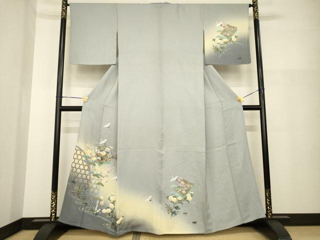平和屋着物▽訪問着 単衣 飛鶴花籬文 暈し染め 金彩 正絹 逸品 AABG8575ck