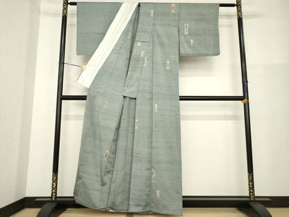 平和屋着物▽上質な小紋 単衣 紬地 短冊花文 正絹 逸品 AABG8578ck