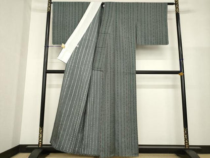 平和屋着物▽上質な小紋 単衣 紬地 縞 正絹 逸品 未使用 AABG8579ck