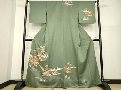 平和屋着物▽訪問着 単衣 渡り橋花文 金彩 正絹 逸品 AABG8581ck