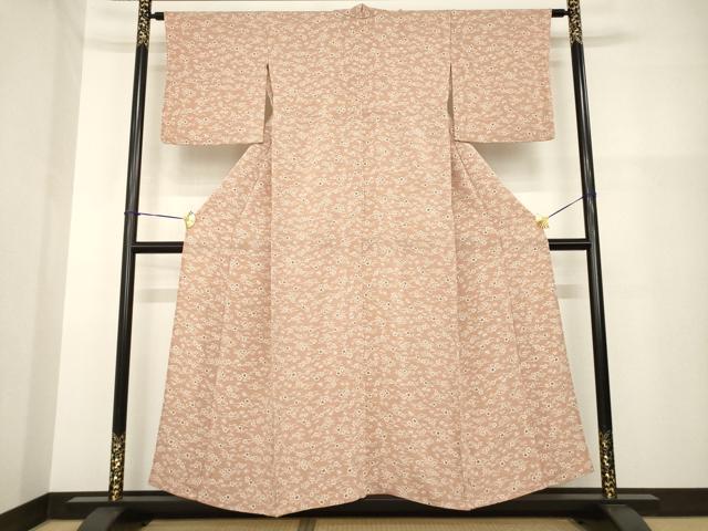 平和屋着物▽上質な小紋 単衣 型染め 梅 松 鬼しぼ縮緬 正絹 逸品 AABG8583ck