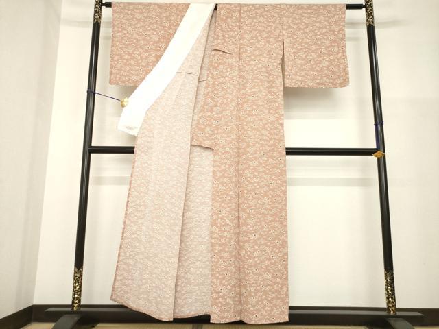 平和屋着物▽上質な小紋 単衣 型染め 梅 松 鬼しぼ縮緬 正絹 逸品 AABG8583ck
