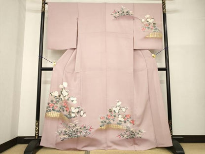平和屋着物▽訪問着 単衣 手描き 草花文 暈し染め 金彩 正絹 逸品 AABG8584ck