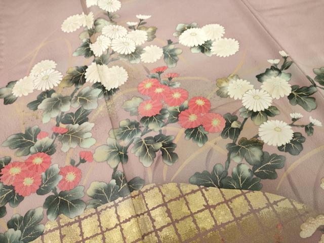 平和屋着物▽訪問着 単衣 手描き 草花文 暈し染め 金彩 正絹 逸品 AABG8584ck