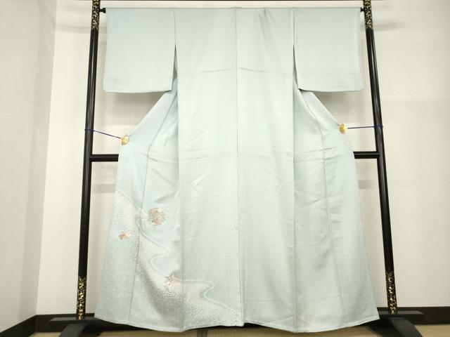 平和屋着物▽訪問着 単衣 絞り 刺繍 流水花丸文 正絹 逸品 AABG8585ck