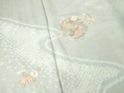 平和屋着物▽訪問着 単衣 絞り 刺繍 流水花丸文 正絹 逸品 AABG8585ck