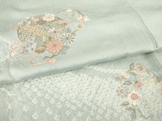 平和屋着物▽訪問着 単衣 絞り 刺繍 流水花丸文 正絹 逸品 AABG8585ck