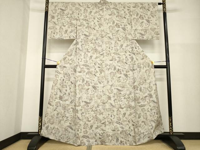 平和屋着物▽上質な小紋 単衣 紬地 更紗花文 正絹 逸品 AABG8588ck