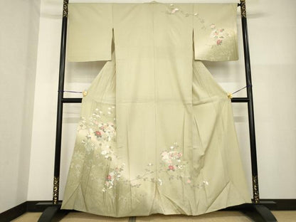 平和屋着物▽訪問着 単衣 扇面枝花文 暈し染め 金彩 正絹 逸品 AABG8589ck