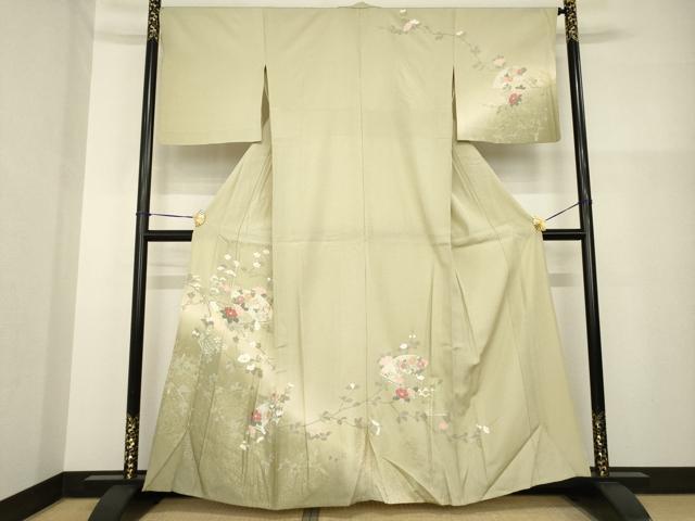平和屋着物▽訪問着 単衣 扇面枝花文 暈し染め 金彩 正絹 逸品 AABG8589ck