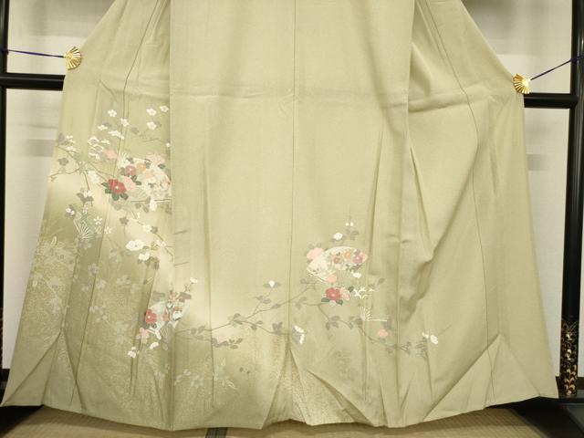 平和屋着物▽訪問着 単衣 扇面枝花文 暈し染め 金彩 正絹 逸品 AABG8589ck
