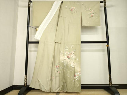 平和屋着物▽訪問着 単衣 扇面枝花文 暈し染め 金彩 正絹 逸品 AABG8589ck