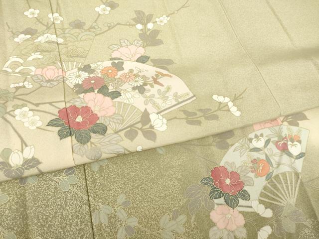 平和屋着物▽訪問着 単衣 扇面枝花文 暈し染め 金彩 正絹 逸品 AABG8589ck