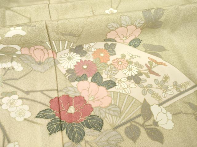 平和屋着物▽訪問着 単衣 扇面枝花文 暈し染め 金彩 正絹 逸品 AABG8589ck