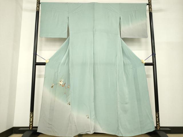 平和屋着物▽訪問着 単衣 刺繍 枝花文 暈し染め 鬼しぼ縮緬 正絹 逸品 AABG8591ck