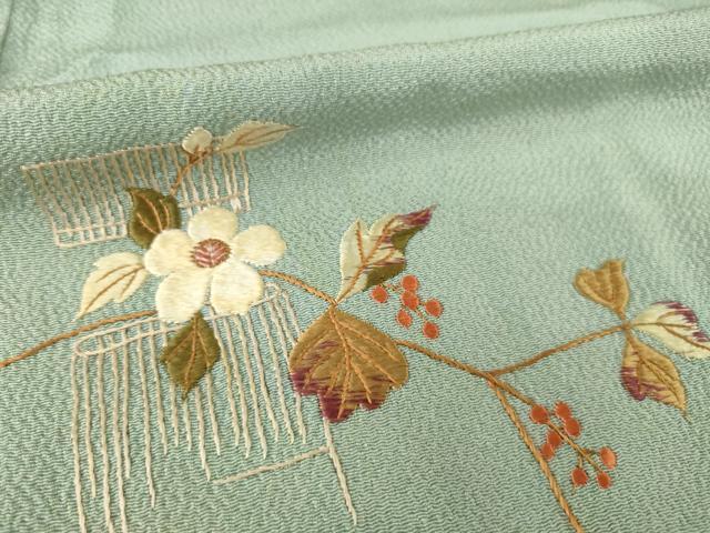 平和屋着物▽訪問着 単衣 刺繍 枝花文 暈し染め 鬼しぼ縮緬 正絹 逸品 AABG8591ck