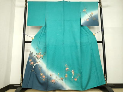 平和屋着物▽訪問着 単衣 刺繍 枝花に休み鳥 暈し染め 金彩 正絹 逸品 AABG8594ck