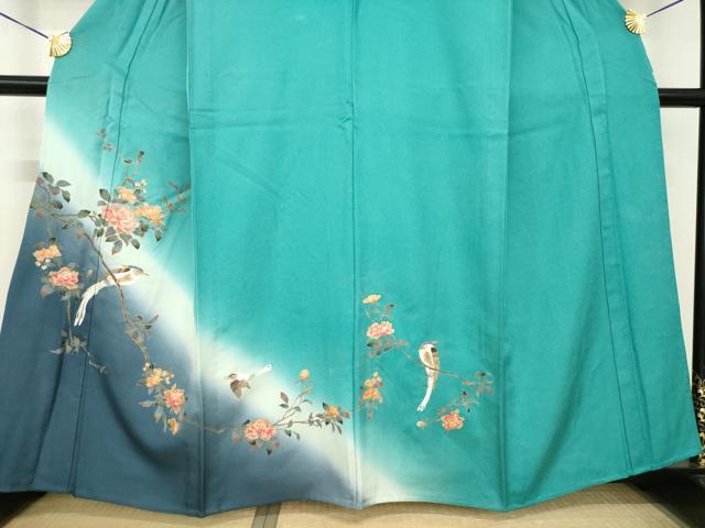 平和屋着物▽訪問着 単衣 刺繍 枝花に休み鳥 暈し染め 金彩 正絹 逸品 AABG8594ck