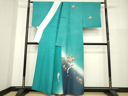 平和屋着物▽訪問着 単衣 刺繍 枝花に休み鳥 暈し染め 金彩 正絹 逸品 AABG8594ck