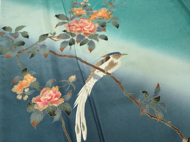 平和屋着物▽訪問着 単衣 刺繍 枝花に休み鳥 暈し染め 金彩 正絹 逸品 AABG8594ck