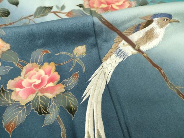 平和屋着物▽訪問着 単衣 刺繍 枝花に休み鳥 暈し染め 金彩 正絹 逸品 AABG8594ck